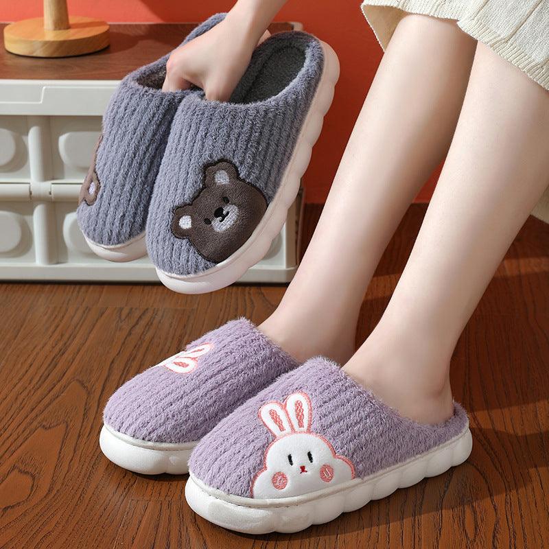 Cute Rabbit Striped Slippers For Women Thick-soled Indoor Couples Warm Winter Non-slip Home Slipper Plush Cotton Shoes - amazitshop