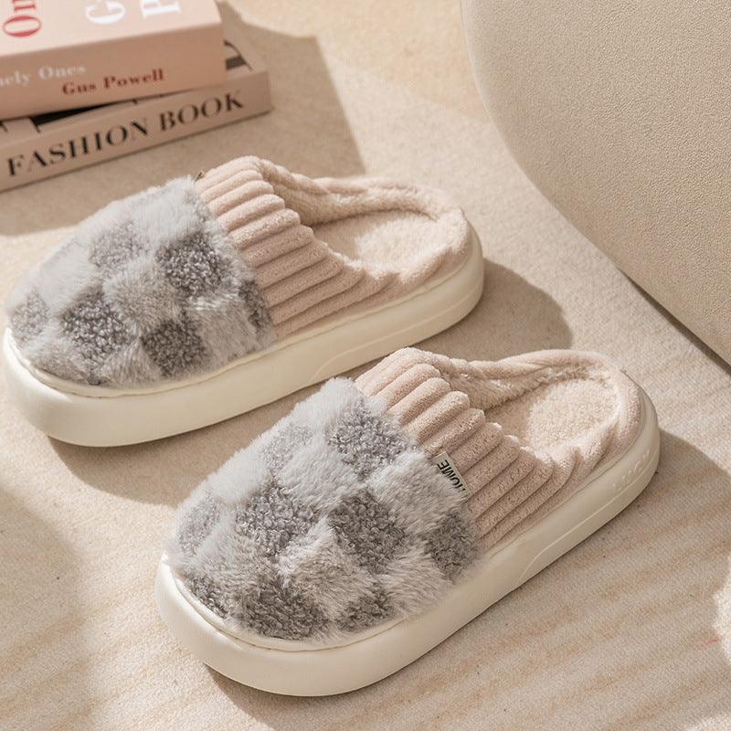 Plaid Plush Slippers Women's Indoor Plush Home Slippers Soft Sole Thick Non-Slip Warm House Shoes Couple Autumn And Winter - amazitshop