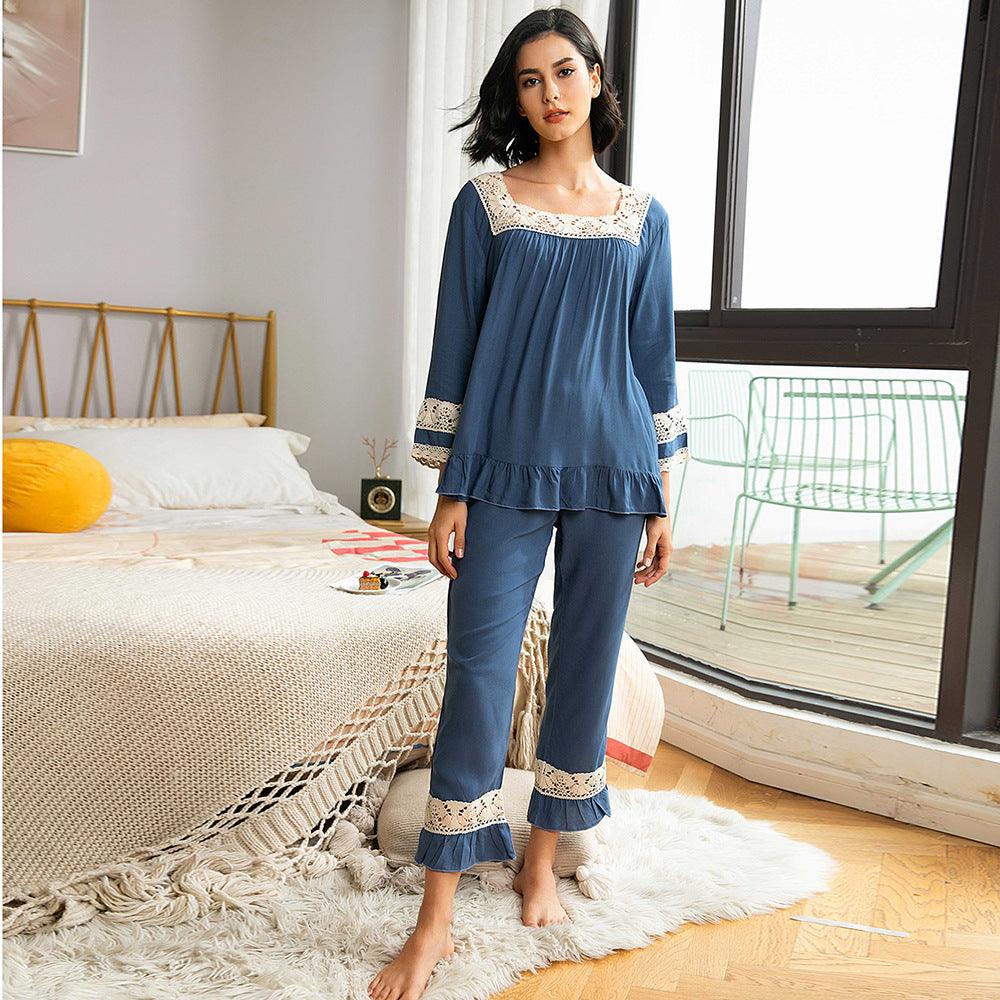 New Casual Solid Color Lace Stitching Home Wear For Autumn And Winter - amazitshop