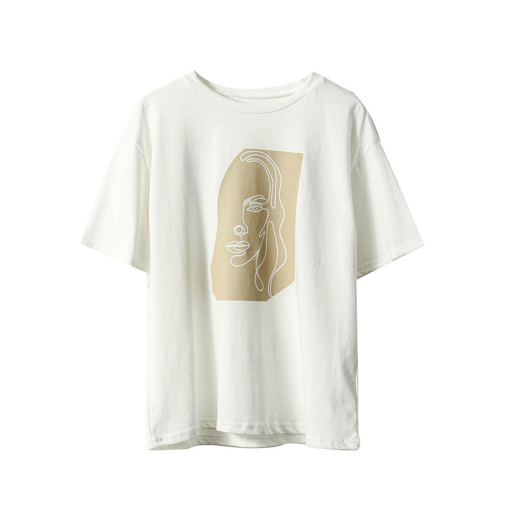 Toppies Abstract T-shirts Character Printing Women Tops Solid Color Summer white Cotton Tops Tees harajuku clothing - amazitshop