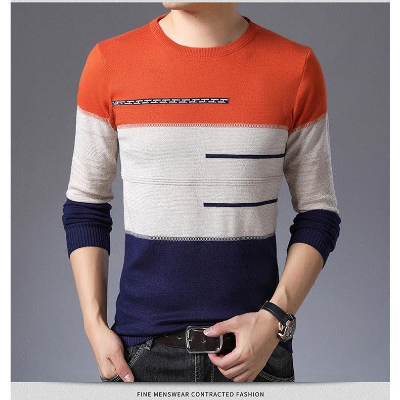 Winter Pullover Men Round Collar Striped Cotton Sweaters Slim Fit Pull Homme Knitwear - amazitshop