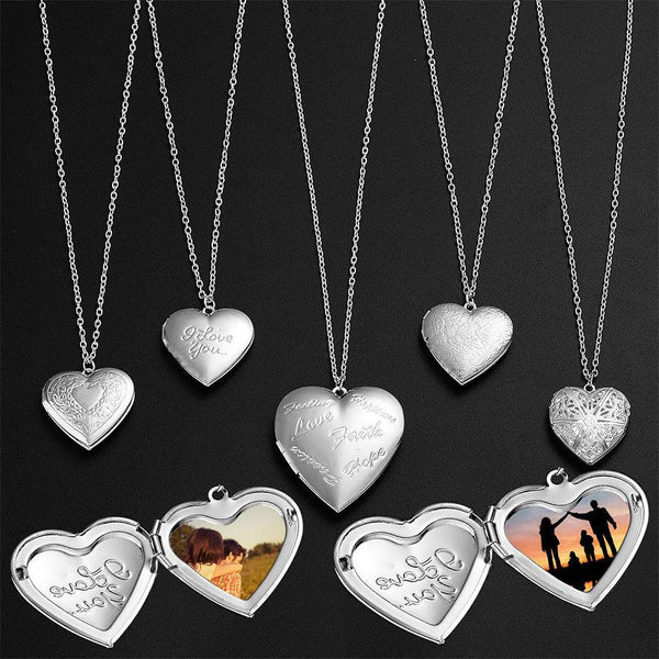 Carved Design Love Necklace Personalized Heart-shaped Photo Frame Pendant Necklace For Women Family Jewelry For Valentine's Day - amazitshop