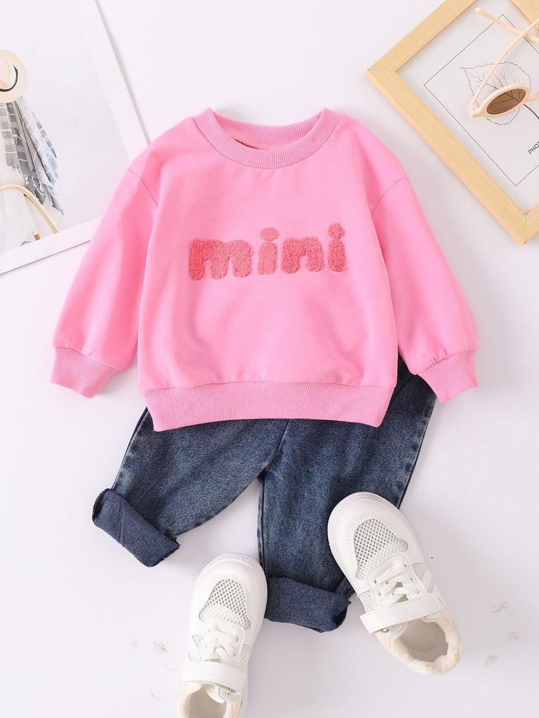 Boys And Girls Casual Letter Print Pullover Sweater Jeans Two-piece Set - amazitshop