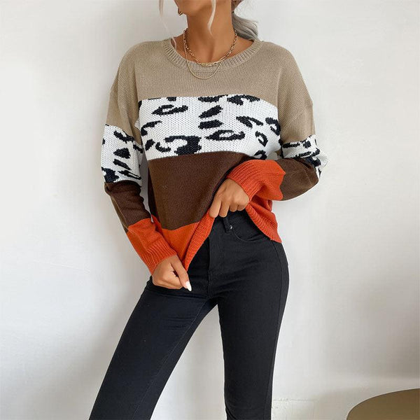 Autumn And Winter Leisure Top Leopard Print Color Matching Long Sleeve Pullover Sweater - amazitshop