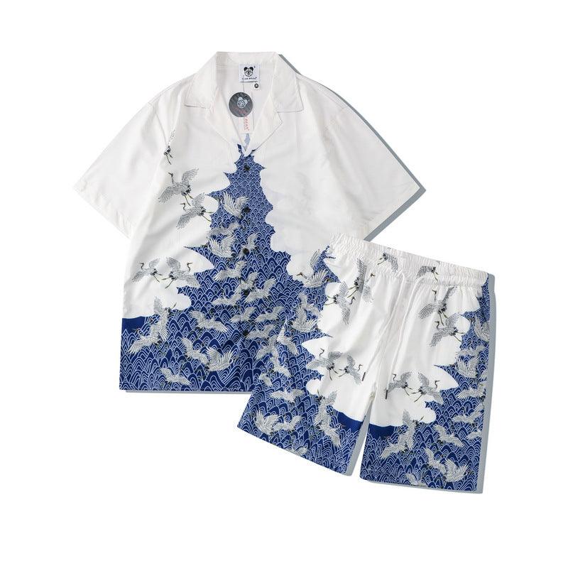 Digital Printed Crane Blue And White Loose Short Sleeve Shirt - amazitshop