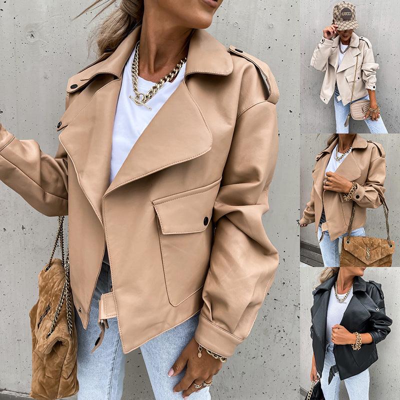 Women PU Leather Top Coat Jacket Loose - amazitshop
