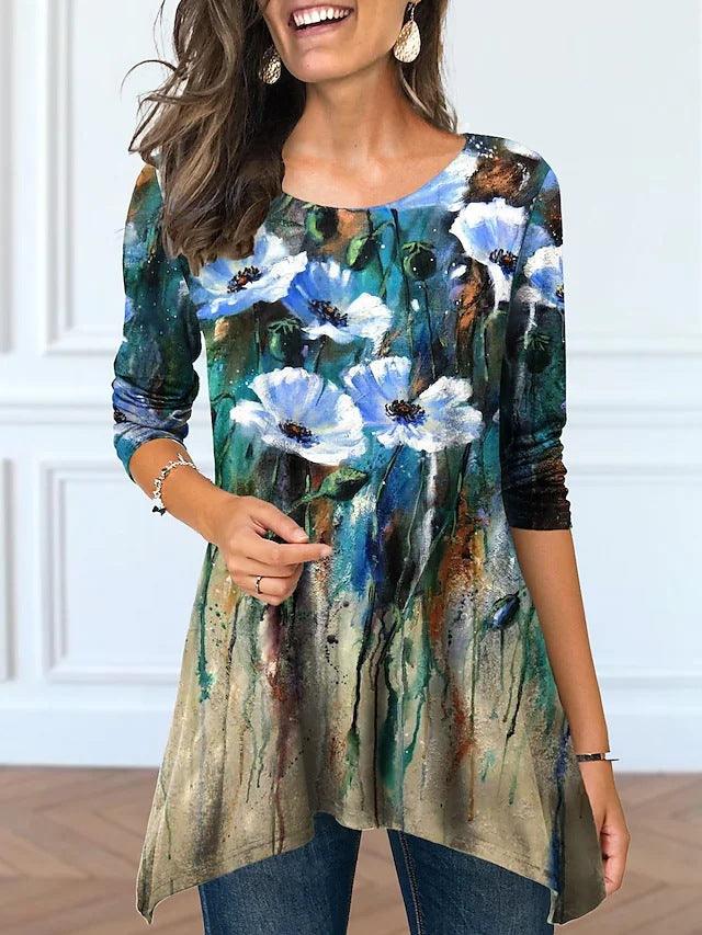 Plus Size Women's Round Neck Floral Print Dress - amazitshop