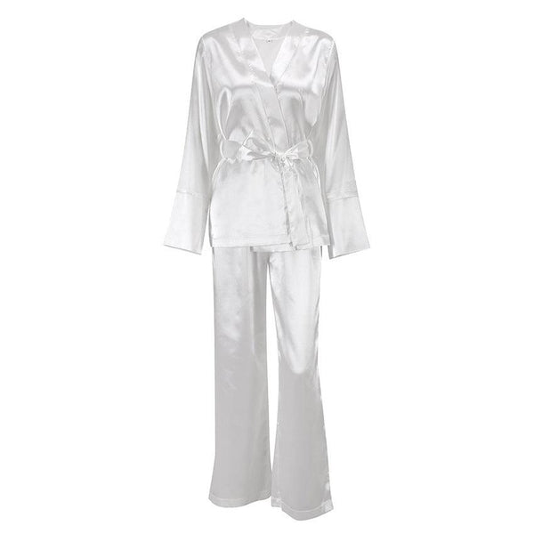 Cardigan Strap Ice Silk Robe Blouse And Pants Pajamas For Women - amazitshop