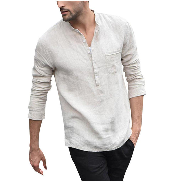 Men Vintage White Shirt Button Linen Shirts - amazitshop