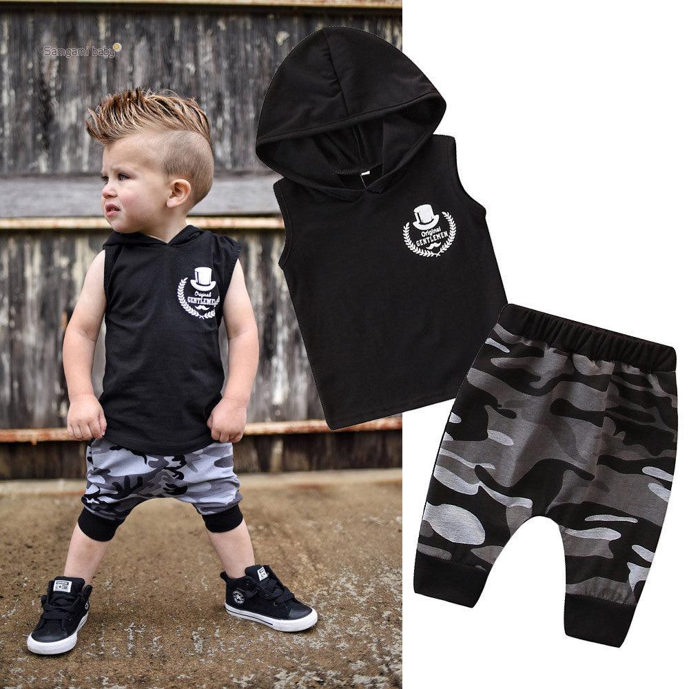 2PCS Toddler Kids Baby Boy Sleeveless Hooded Clothes T-shirt Tops Camo Pants Outfits - amazitshop