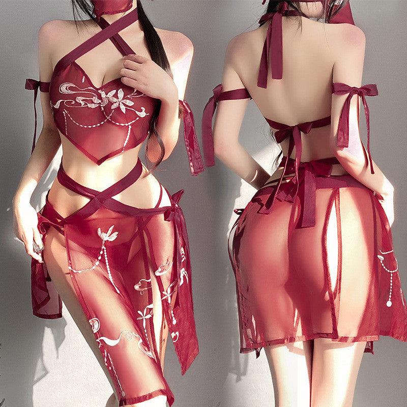 Chinese Ancient Style Sexy Lingerie Halter See-through Hanfu Apron Strap Uniform Suit Court - amazitshop