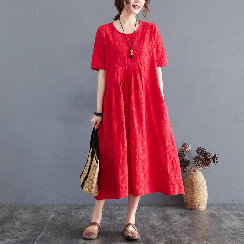 Summer New Loose And Simple Jacquard Irregular Large Size Cotton And Linen Dress For Women - amazitshop