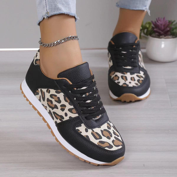 Fashoin Leopard Print Lace-up Sports Shoes For Women Sneakers Casual Running Walking Flat Shoes - amazitshop