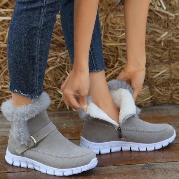 New Snow Boots Winter Warm Thickened Solid Color Plush Ankle Boots With Buckle Design Plus Velvet Flat Shoes For Women - amazitshop
