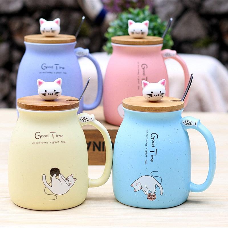 450ml Cartoon Ceramics Cat Mug With Lid and Spoon Coffee Milk Tea Mugs Breakfast Cup Drinkware Novelty Gifts - amazitshop