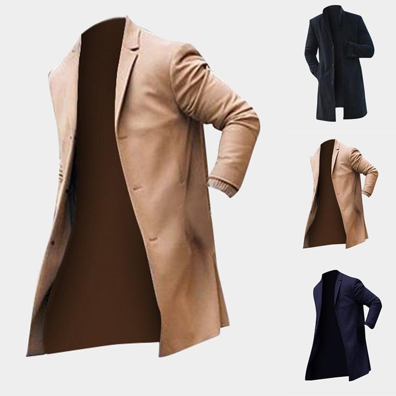 Fashion Winter Men's Trench Long Jackets Coats Overcoat Classic Jackets Solid Slim Fit Outwear Hombre Men Clothes Khaki Black - amazitshop