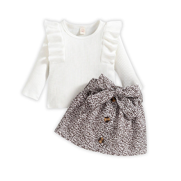 Girls' Autumn And Winter Ruffled Long Sleeve Leopard Print Short Skirt Two-piece Set Little Kids' Suit - amazitshop