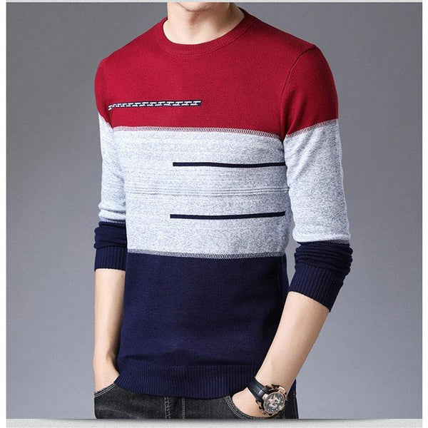 Winter Pullover Men Round Collar Striped Cotton Sweaters Slim Fit Pull Homme Knitwear - amazitshop