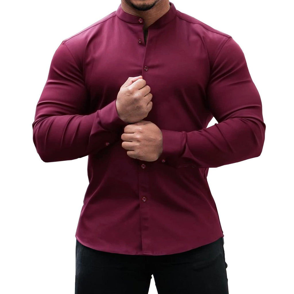 Long Sleeve Shirt Men Casual Button Down Slim Tops Solid Color Casual Mens Clothing - amazitshop