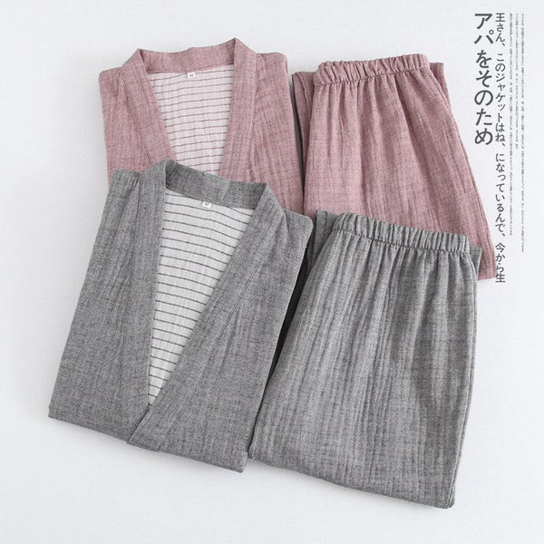 Woven Cotton Washed Color Spinning Double Gauze Kimono Pajama Set - amazitshop