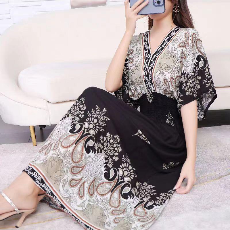 Cotton Silk Floral Dress Women's Summer Ethnic Style V-neck Short Sleeve Pastoral Style Skirt - amazitshop