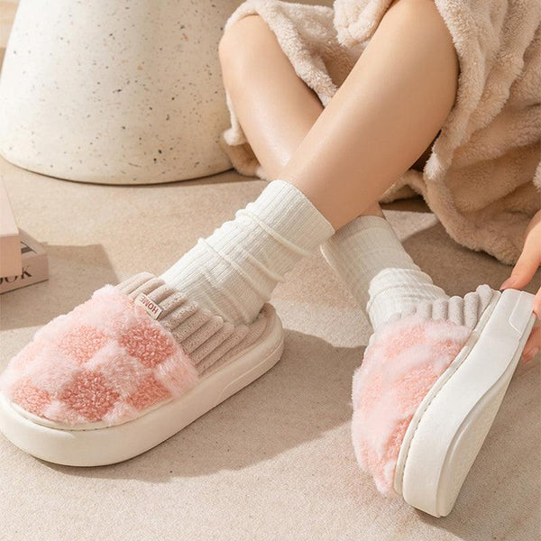 Plaid Plush Slippers Women's Indoor Plush Home Slippers Soft Sole Thick Non-Slip Warm House Shoes Couple Autumn And Winter - amazitshop