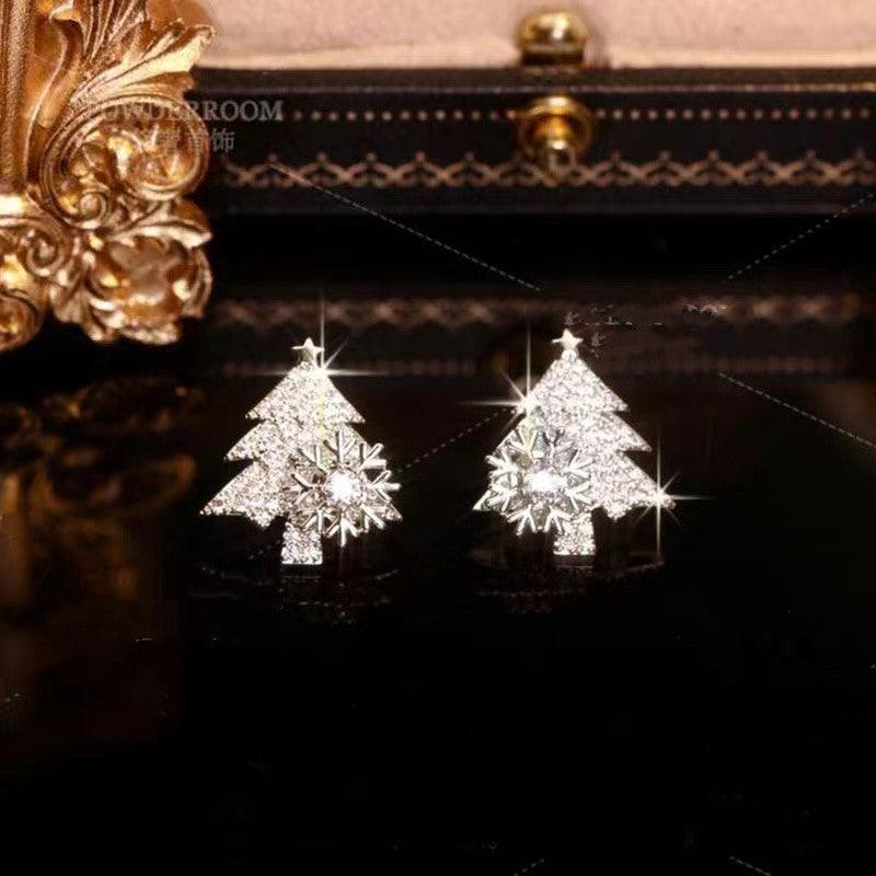 Rotatable Christmas Tree Earrings Shiny Rhinestone Snowflake Stud Earring New Year Xmas Festival Ear Jewelry Gifts Autumn And Winter - amazitshop