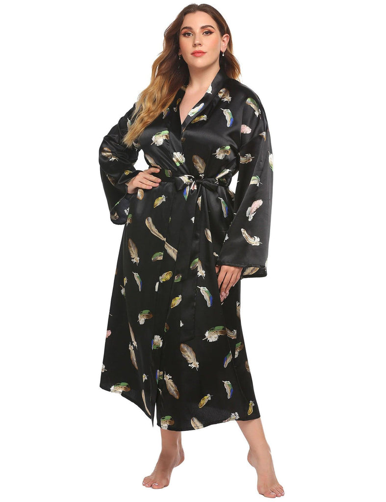 Long Robes For Women Flower Print Bathrobe V-neck Silk Sleepwear - amazitshop