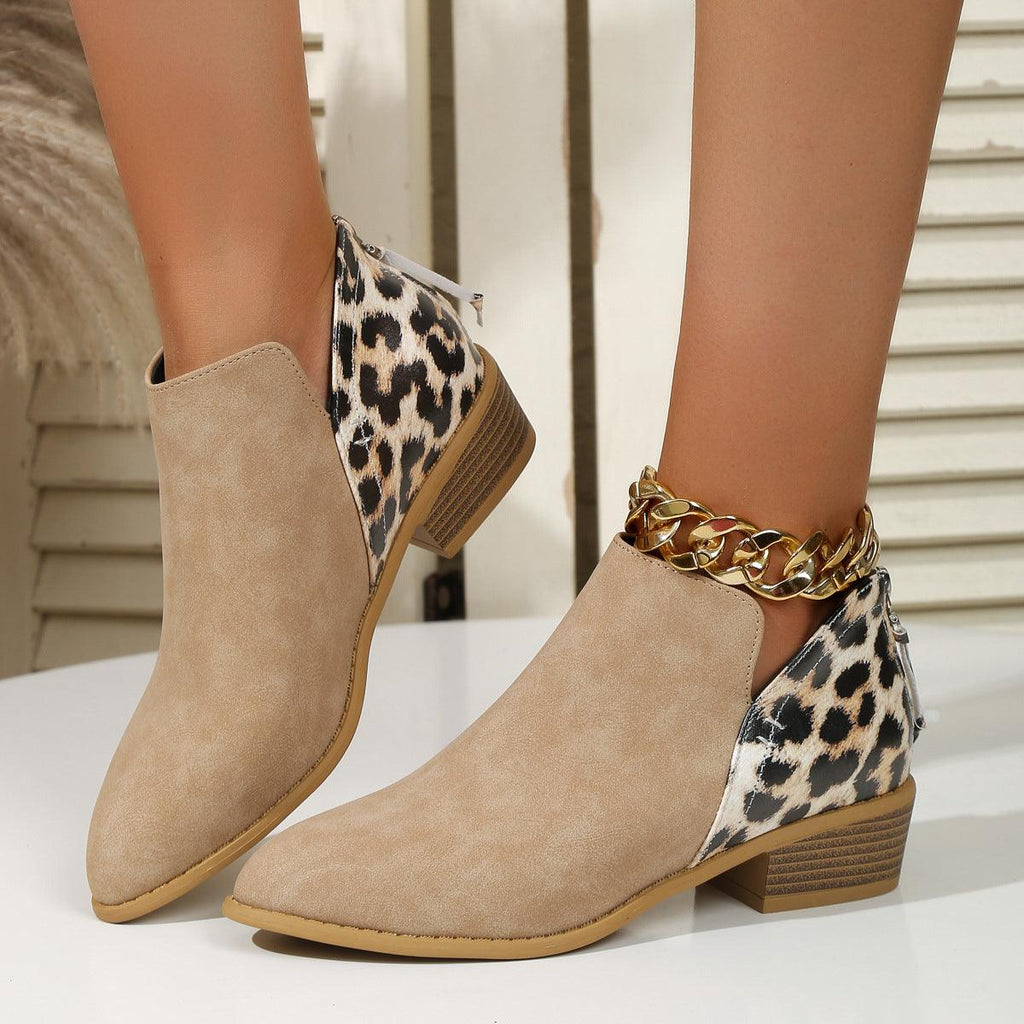 Fashion Leopard Print Boots Women Pointed Toe Chunky Heel Back Zipper Shoes - amazitshop