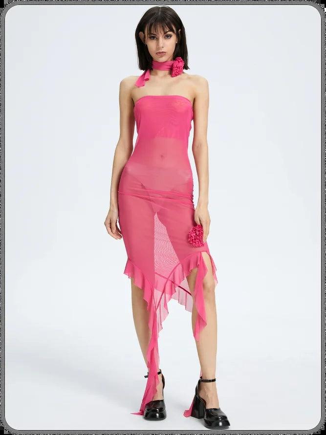 2023 Net Yarn Flower Sexy Waist Tube Top Hip Dress - amazitshop