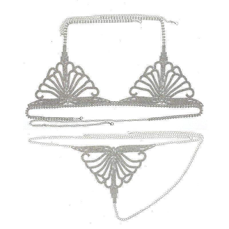 Rhinestone Claw Chain Body Chain Set Sexy Bra Panty Set Lingerie Show - amazitshop