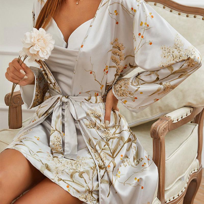 Ice Silk Ladies Nightgown With Cherry Print - amazitshop