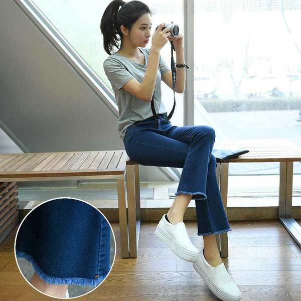 Korean nine Skinny Jeans Girl fringed edges flared bell bottoms 9 jeans - amazitshop