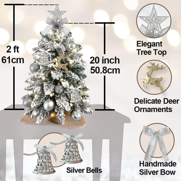 2ft Mini Christmas Tree With Light Artificial Small Tabletop Christmas Decoration With Flocked Snow, Exquisite Decor & Xmas Ornaments For Table Top For Home & Office - amazitshop