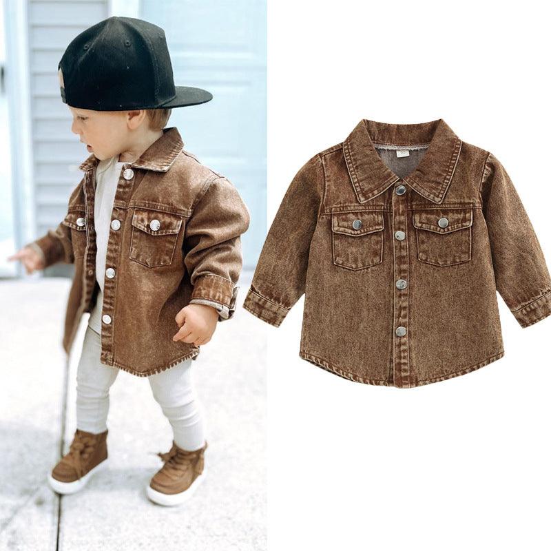 Autumn New Kids' Overcoat Boys Girls Toddlers Casual Solid Color Long Sleeve Lapel Denim Shirt Jacket - amazitshop