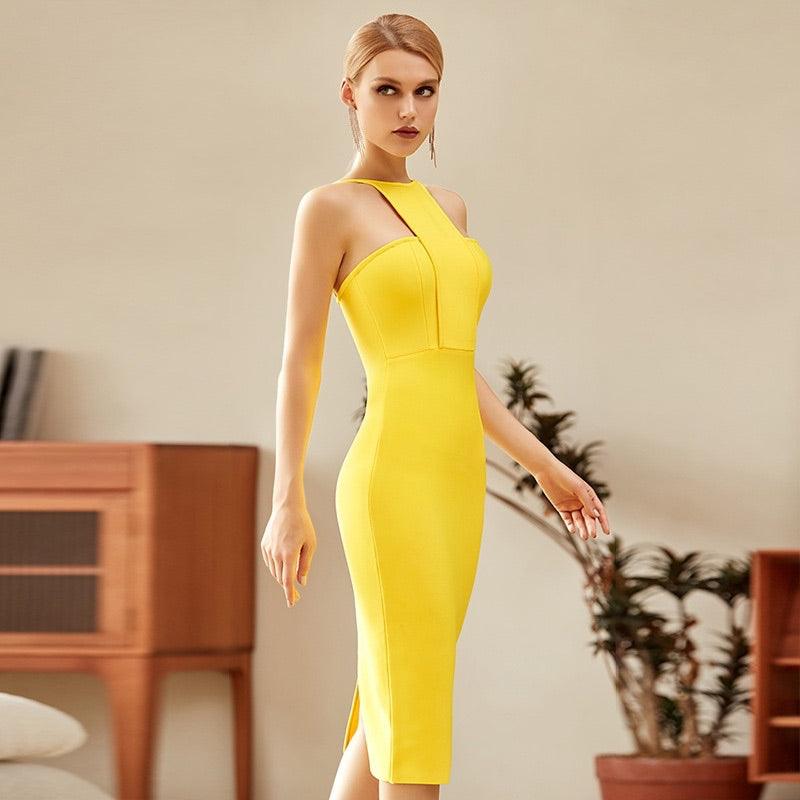 Women Yellow Bodycon Bandage Dress Sexy Halter Party Dresses - amazitshop