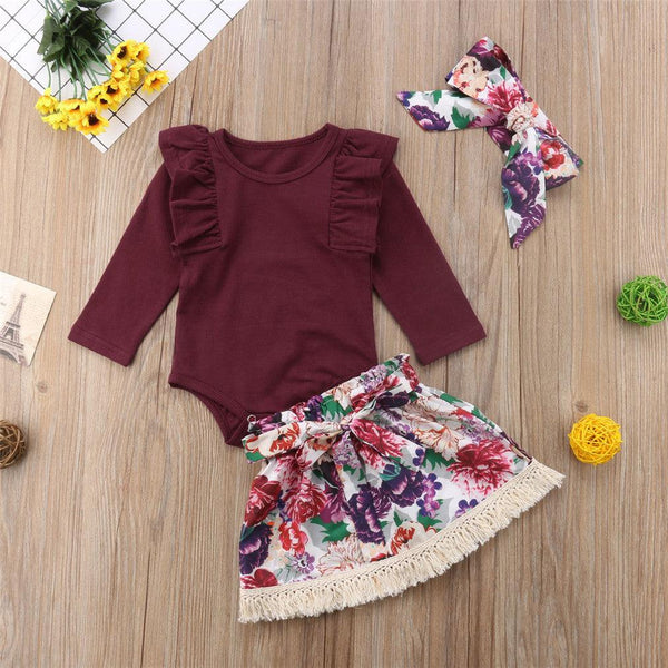 Ramia Ruffle Set Toddler Baby Girls Ruffles Long Sleeve Tops Romper Floral Skirts Headband Outfit Clothes - amazitshop