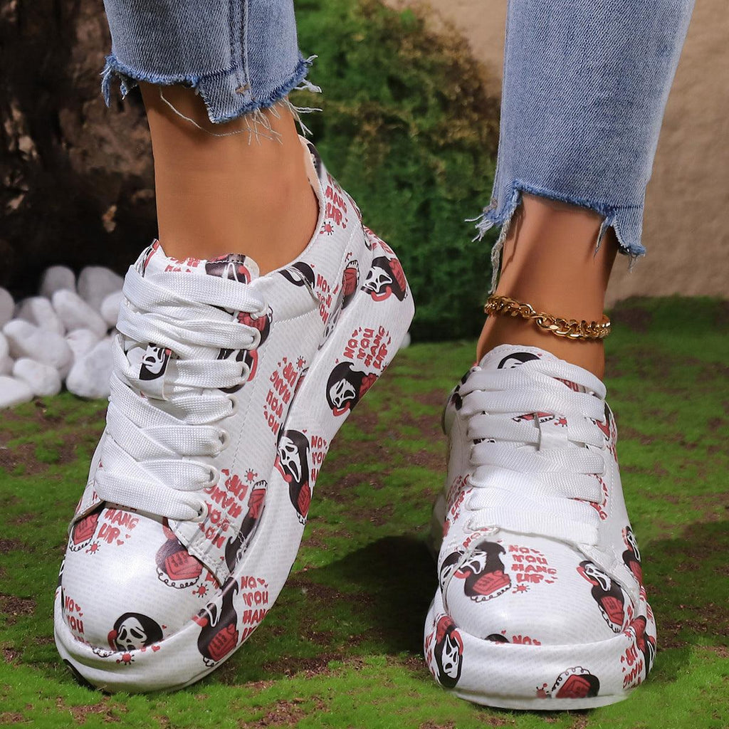 Halloween Cartoon Print Flats Fashion Graffiti Flats Shoes Platform Lace-up Round Toe Sports Shoes - amazitshop