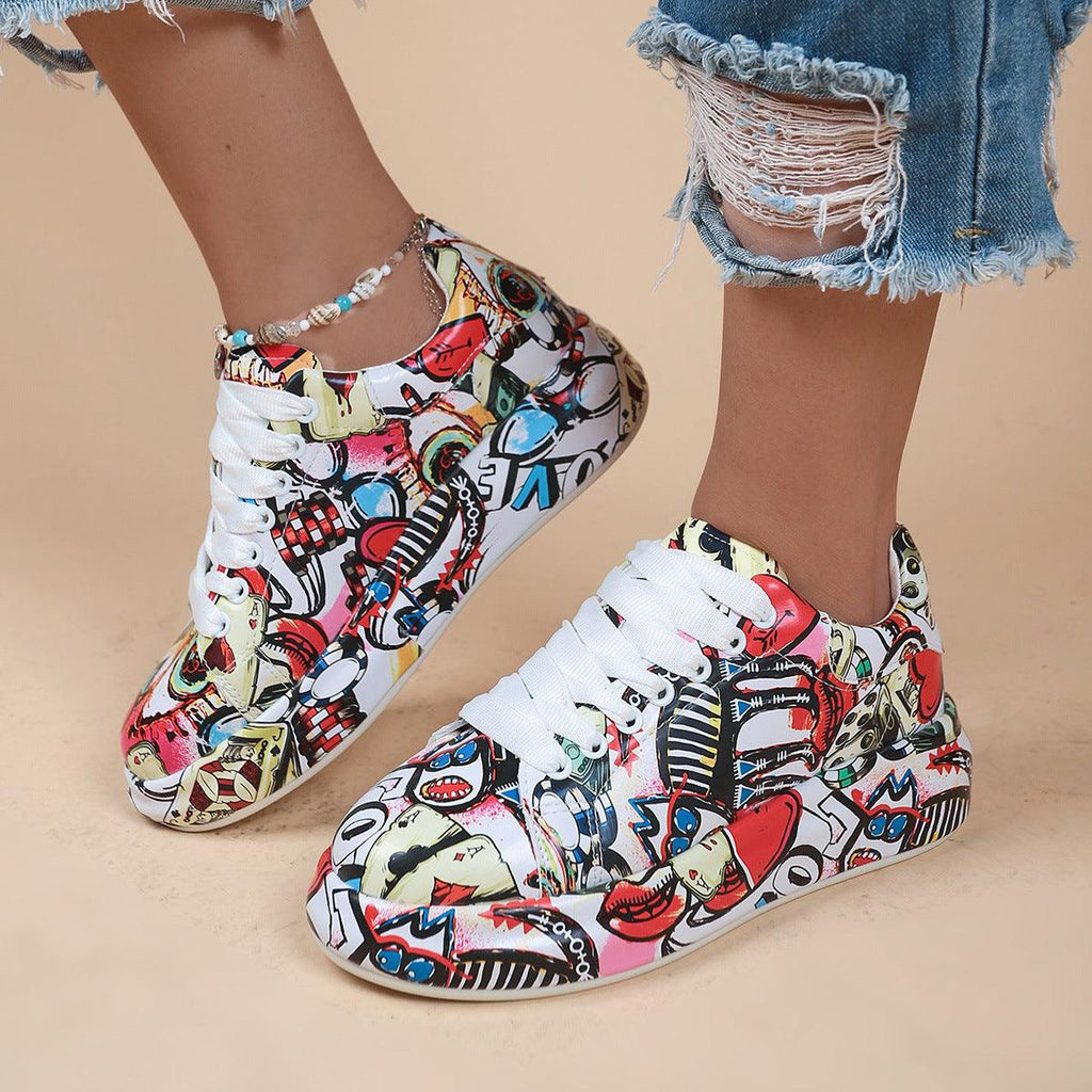 Halloween Cartoon Print Flats Fashion Graffiti Flats Shoes Platform Lace-up Round Toe Sports Shoes - amazitshop