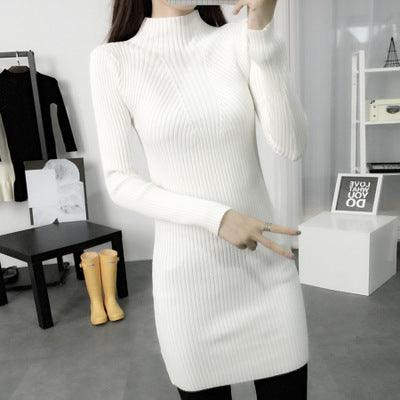 winter dress dress Korean cultivating in the long section of semi solid high collar sleeve head bottoming sweaters - amazitshop