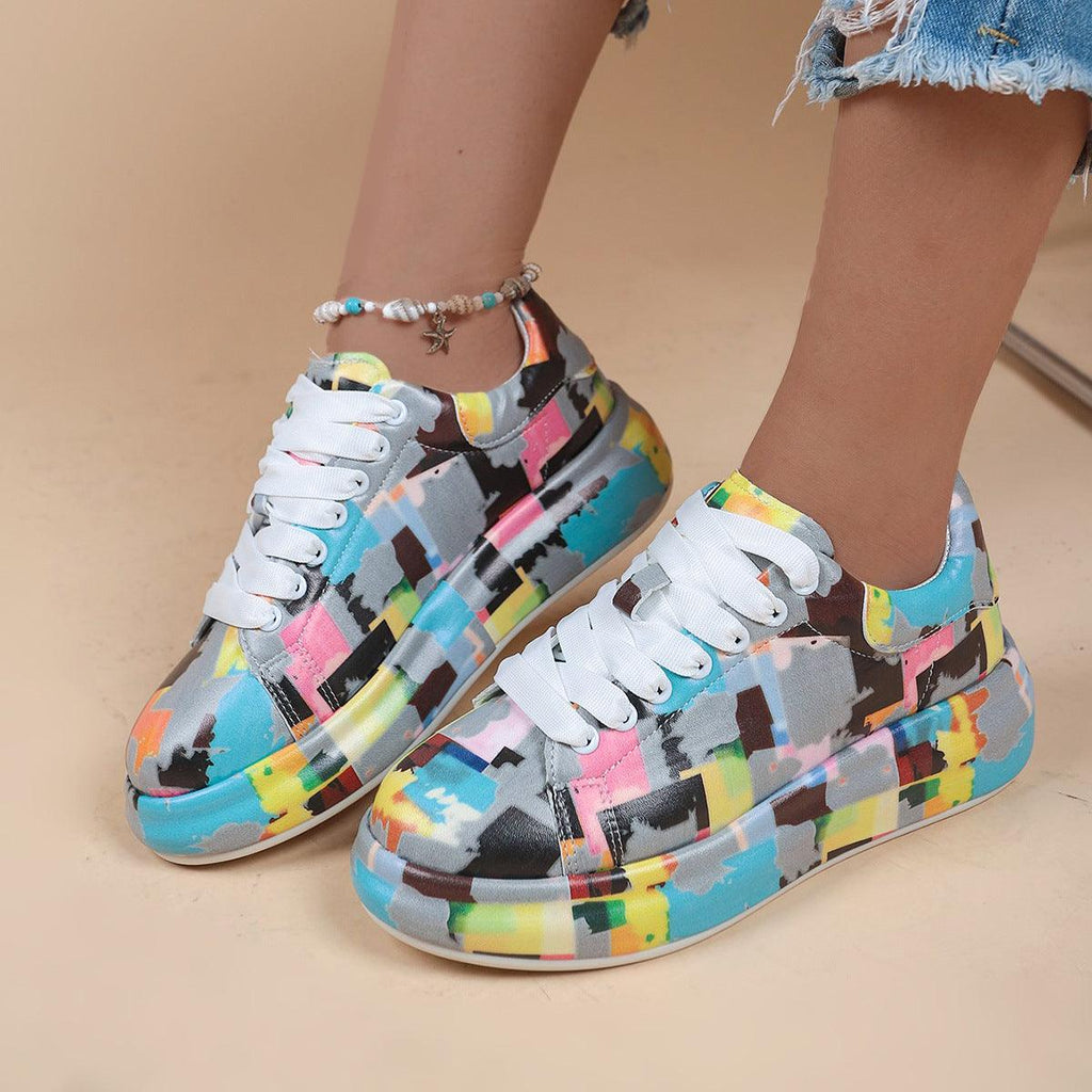 Halloween Cartoon Print Flats Fashion Graffiti Flats Shoes Platform Lace-up Round Toe Sports Shoes - amazitshop