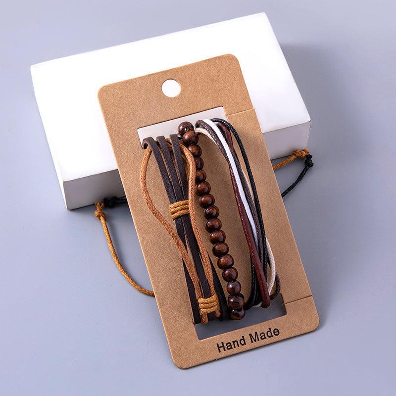 Vintage Multilayer Leather Adjustable Bracelets For Women Men Wooden Beaded Bracelet Ethnic Wrap Bracelets - amazitshop