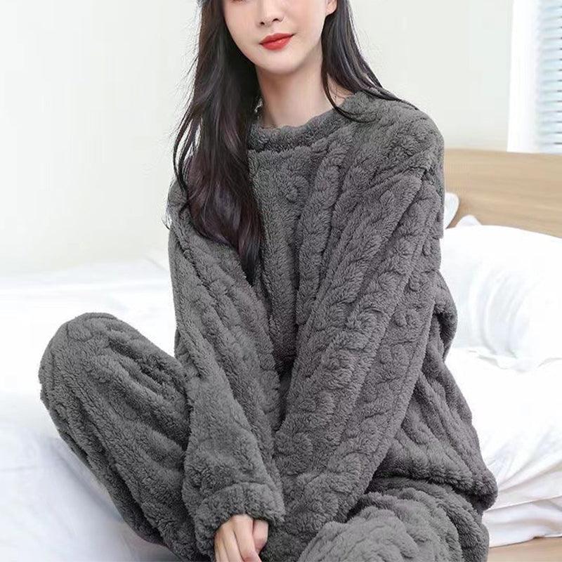 Winter Pajamas Sets Home wear Solid Color Loose Thickened Coral Velvet Pullover Long Sleeves And Trousers Warm Pajamas Indoor Outdoor Casual Clothes - amazitshop