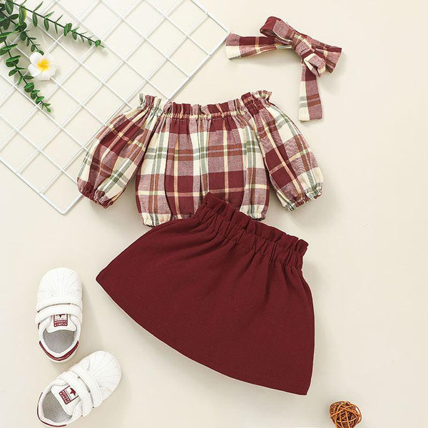Vintage Plaid Top Skirt Two Piece Fashion Fall Outfit - amazitshop