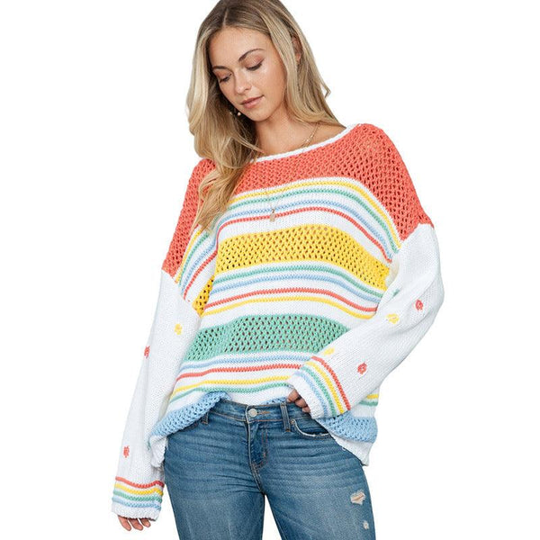 European And American Leisure Idle Style Colorized Sweater Women's Mixed Color Stripe Pullover Women - amazitshop