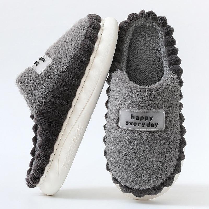 Home Slippers For Men Thick-soled Color-block Letters Fluffy Fleece House Shoes Winter Indoor Warm Slip On Floor Bedroom Slipper - amazitshop