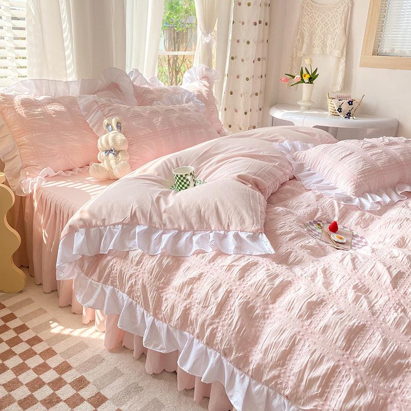 Solid Color Four-piece Quilt Cover Bed Skirt Bedding Set - amazitshop