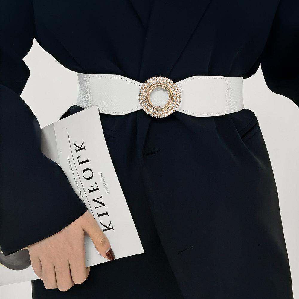 New Ladies Diamond Inlaid Rhinestone Elastic Elastic Belt Simple Round Buckle Skirt Shirt Decoration Suit Belt - amazitshop