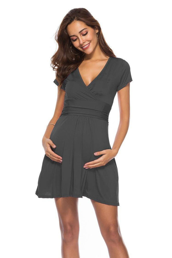 Deep V-Neck Maternity Short Sleeve Dress - amazitshop