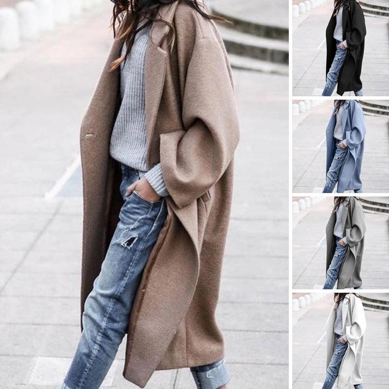 Casual Long Jacket With Pockets Solid Color Single Breasted Lapel Woolen Coat For Women Warm Winter Clothing - amazitshop